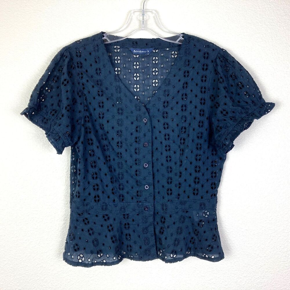 Mast & Harbour Eyelet Peplum Top Women's Size S Blue Cotton Puff Sleeves